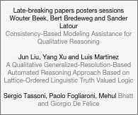 Late-breaking papers posters sessions
Wouter Beek, Bert Bredeweg and Sander Latour
Consistency-Based Modeling Assistance for Qualitative Reasoning

Jun Liu, Yang Xu and Luis Martinez
A Qualitative Generalized-Resolution-Based Automated Reasoning Approach Based on Lattice-Ordered Linguistic Truth Valued LogicSergio Tassoni, Paolo Fogliaroni, Mehul Bhatt and Giorgio De Felice
Toward a Qualitative 3D Visibility Model